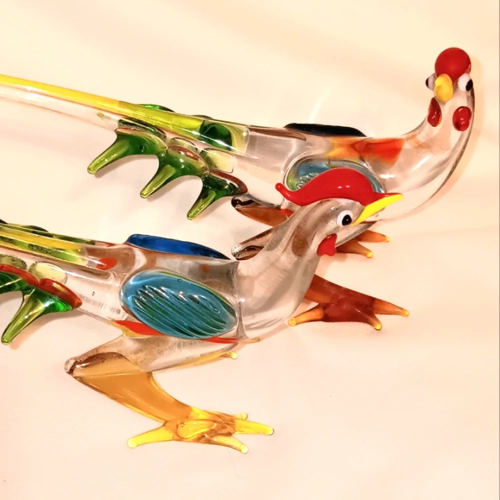 Set Of 2 Handblown Glass Bird Chicken Figure Multi Color Rooster Exotic Bird